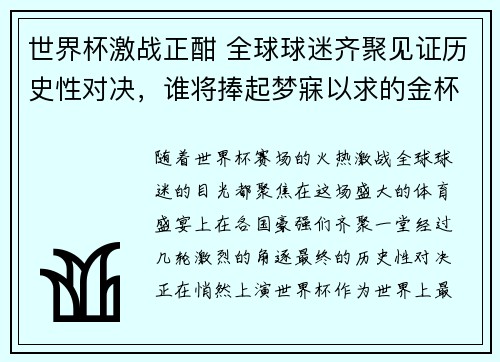 世界杯激战正酣 全球球迷齐聚见证历史性对决，谁将捧起梦寐以求的金杯
